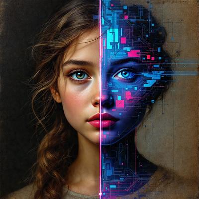 The primary subject of the image is a woman with a pink nose and blue eyes. She is depicted in two different styles: one with a pink nose and the other with a blue nose. The setting is a painting, and the visual style is digital art. The colors and mood of the image are predominantly pink and blue, creating a unique and artistic representation of the woman.